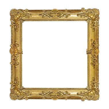 Tablolar, aynalar veya beyaz arka planda izole edilmiş fotoğraf için altın çerçeve. Kırpma yolu ile tasarım ögesi