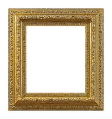 Tablolar, aynalar veya beyaz arka planda izole edilmiş fotoğraf için altın çerçeve. Kırpma yolu ile tasarım ögesi