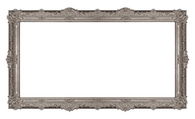 Beyaz arka planda izole edilmiş resimler, aynalar veya fotoğraf için panoramik gümüş çerçeve. Kırpma yolu ile tasarım ögesi