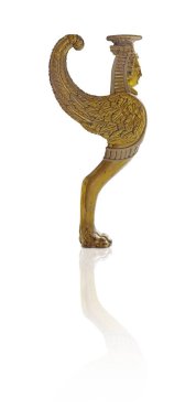 Beyaz arka planda izole edilmiş antik mitolojik canavar Griffin şeklinde altın dekoratif bir element. Kırpma yolu ile tasarım ögesi