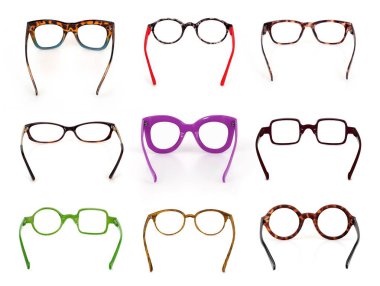 Bir portre üzerine başvurmak için beyaz arkaplanda izole edilmiş gözlük seti