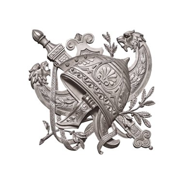 Antik Yunan efsanesinden kask görüntüsü ile iç gümüş dekoratif unsur. Öğe beyaz arka planda yalıtılmış. Kırpma yolu ile tasarım öğesi