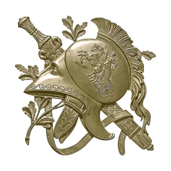 古代ギリシア神話のヘルメットをイメージしたインテリアの黄金の装飾要素 要素は白い背景に分離されます クリッピング パスを使用したデザイン要素 — ストック写真