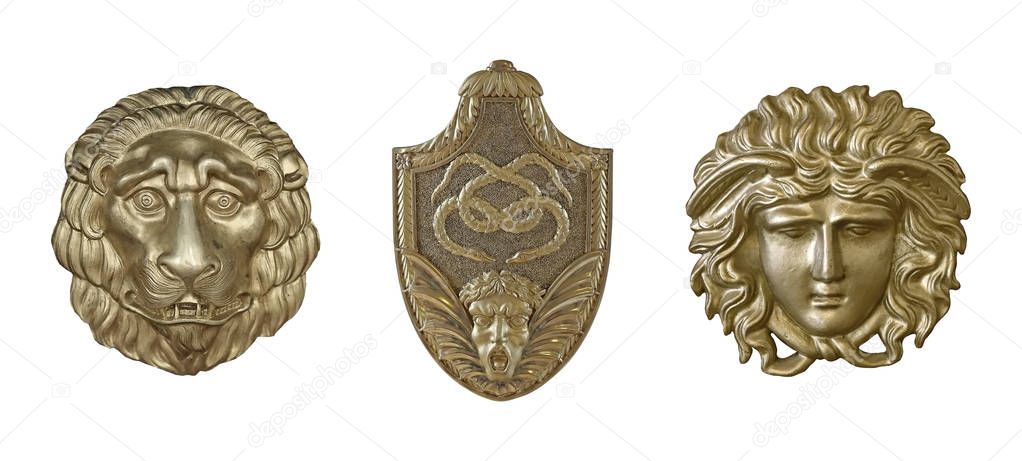 Set of gold decorative elements isolated on white background (lion, face, shield). Design element with clipping path