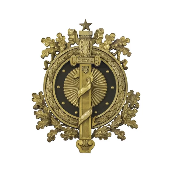白い背景に隔離された星と剣を持つ黄金の装飾的な花輪 クリッピング パスを使用したデザイン要素 — ストック写真