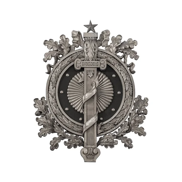 白い背景に隔離された星と剣を持つ銀の装飾的な花輪 クリッピング パスを使用したデザイン要素 — ストック写真