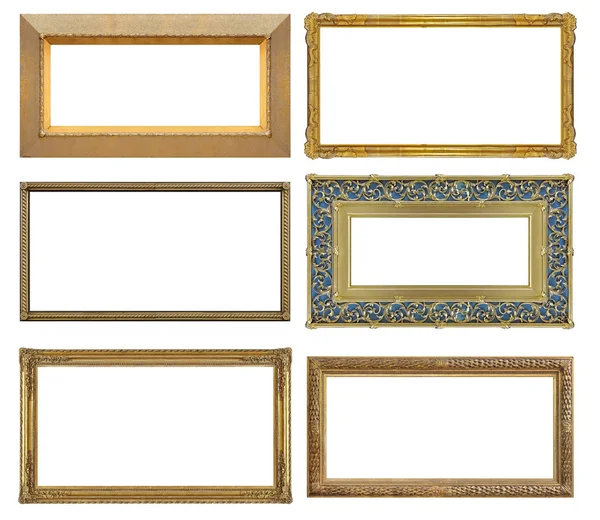 Panoramic Golden Frame Paintings Mirrors Photo Isolated White Background — Stock Photo, Image