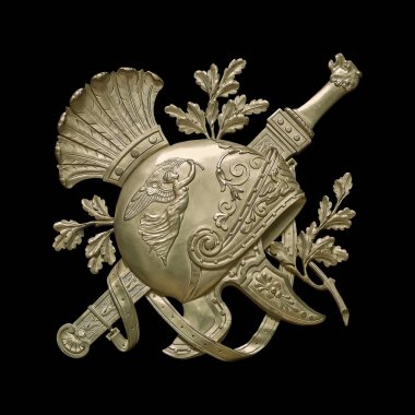 Antik Yunan mitolojisinden kask görüntüsü ile iç altın dekoratif unsur. Öğe siyah arka plan üzerinde izole