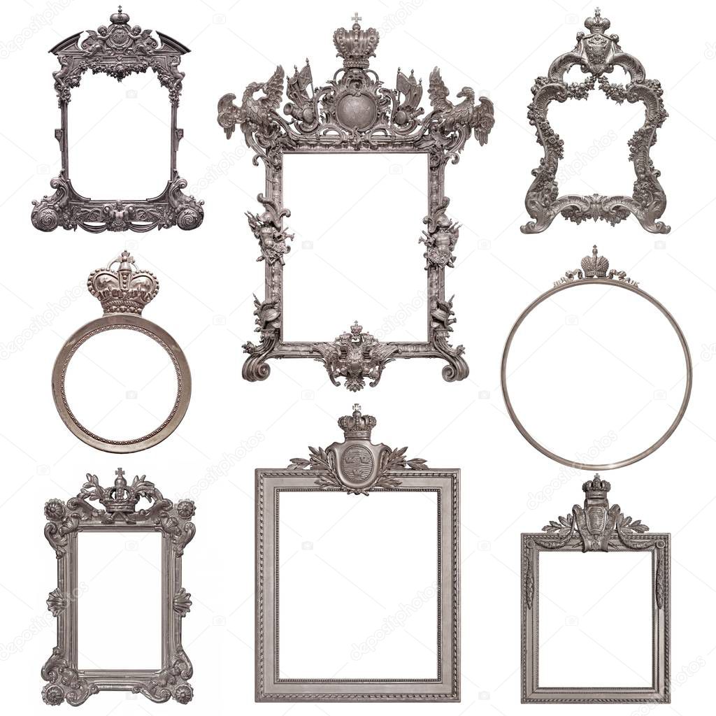 Set of silver frames with the crown for paintings, mirrors or photo isolated on white background