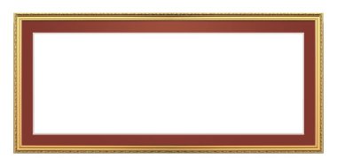 Beyaz arkaplanda izole edilmiş resimler, aynalar veya fotoğraf için panoramik altın çerçeve