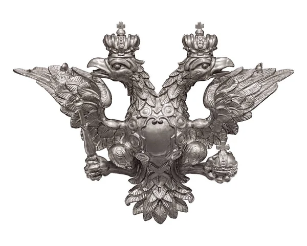 Срібний Двоголовий Коронований Орел Ізольований Білому Тлі — стокове фото