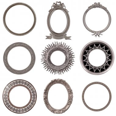 Beyaz arka plan üzerinde izole resimler, aynalar veya fotoğraf için yuvarlak gümüş çerçeveler kümesi