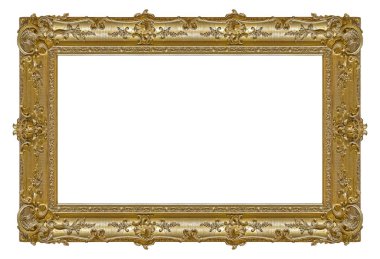 Beyaz arkaplanda izole edilmiş resimler, aynalar veya fotoğraf için panoramik altın çerçeve
