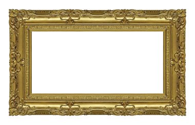 Beyaz arka planda izole edilmiş resimler, aynalar veya fotoğraf için panoramik altın çerçeve. Kırpma yolu ile tasarım ögesi
