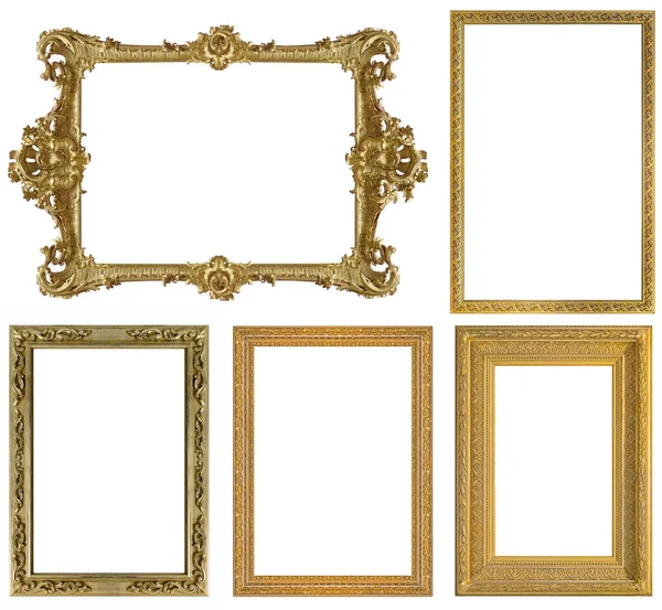 Sada Zlatých Rámečků Pro Malby Zrcadla Nebo Fotografie Izolované Bílém — Stock fotografie