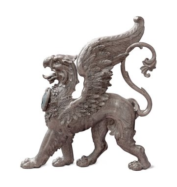 Beyaz arka planda izole edilmiş antik mitolojik canavar Griffin şeklinde gümüş dekoratif bir element. Kırpma yolu ile tasarım ögesi