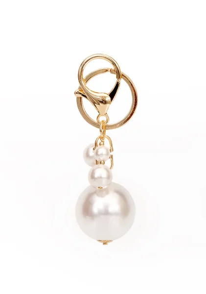 Portachiavi Dorato Con Perle Isolate Sfondo Bianco — Foto Stock