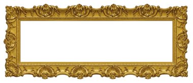 Beyaz arka planda izole edilmiş resimler, aynalar veya fotoğraf için panoramik altın çerçeve. Kırpma yolu ile tasarım ögesi