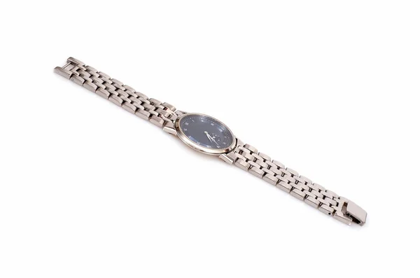 Zegarek Metalowym Pasku Odizolowany Białym Tle — Zdjęcie stockowe