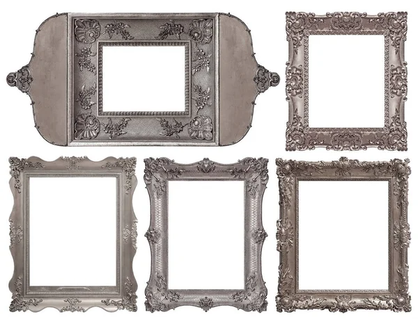 Set Silver Frames Paintings Mirrors Photo Isolated White Background — Stock Photo, Image