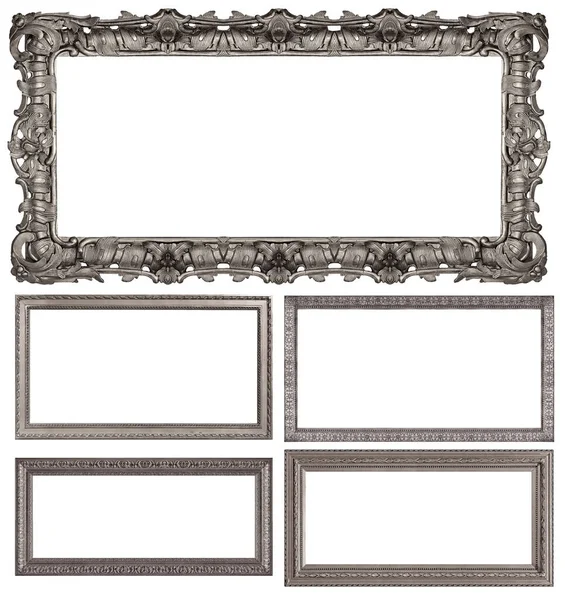 一套银框 用于在白色背景下隔离的绘画 镜子或照片 — 图库照片