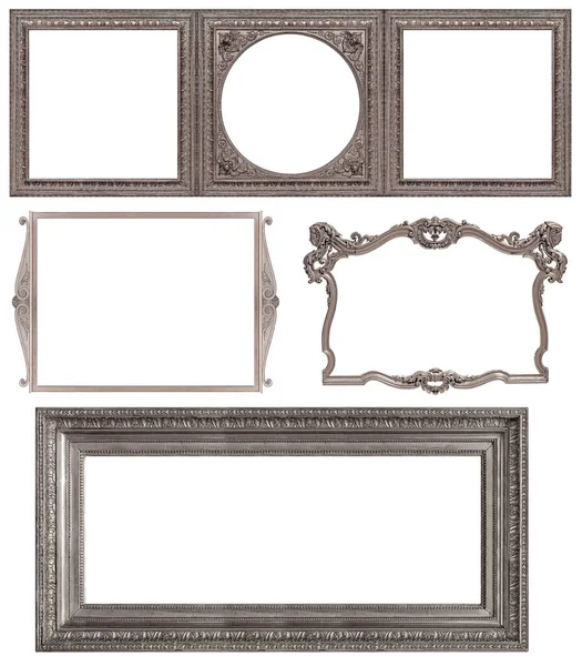 Set Silver Frames Paintings Mirrors Photo Isolated White Background — Stock Photo, Image