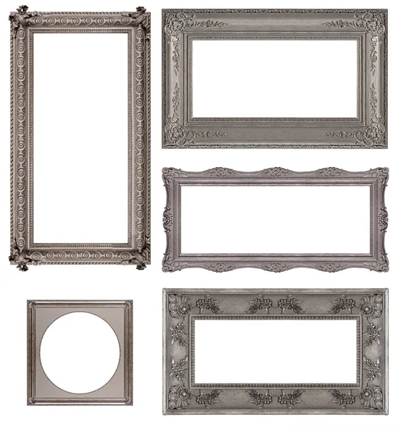 Set Silver Frames Paintings Mirrors Photo Isolated White Background — Stock Photo, Image