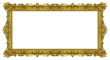 Beyaz arka planda izole edilmiş resimler, aynalar veya fotoğraf için panoramik altın çerçeve. Kırpma yolu ile tasarım ögesi