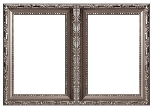 Double Silver Frame Diptych Paintings Mirrors Photos Isolated White Background — Stock Photo, Image