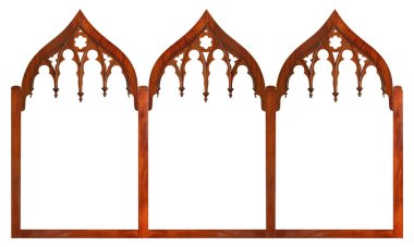Beyaz arka planda bulunan resimler, aynalar veya fotoğraflar için üçlü gotik ahşap çerçeve (triptych). Kırpma yolu ile tasarım ögesi