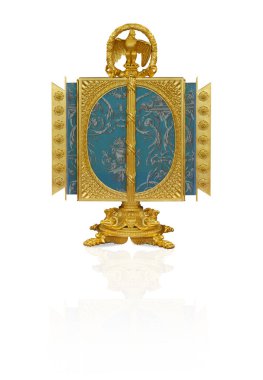 Beyaz arka planda izole edilmiş en tepede bir kartal ve zafer çelengi ile altın ateş perdesi. Kırpma yolu ile tasarım ögesi