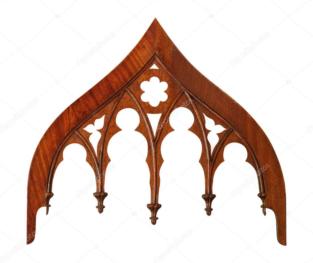 Gothic decorative architectural wooden element isolated on white background. Design element with clipping path