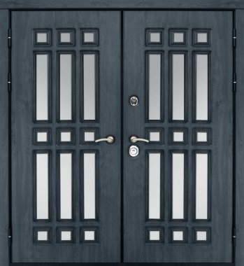 Çift girişli metal kapılar beyaz arkaplanda izole edilmiş.