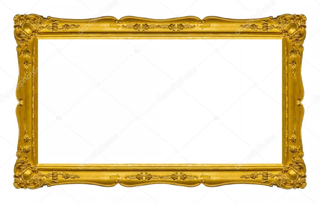 Panoramic golden frame for paintings, mirrors or photo isolated on white background