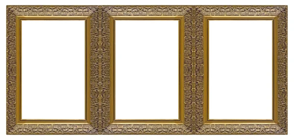 Triple Golden Frame Triptych Paintings Mirrors Photos Isolated White Background — Stock Photo, Image