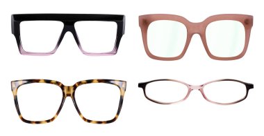 Bir portre üzerine başvurmak için beyaz arkaplanda izole edilmiş gözlük seti