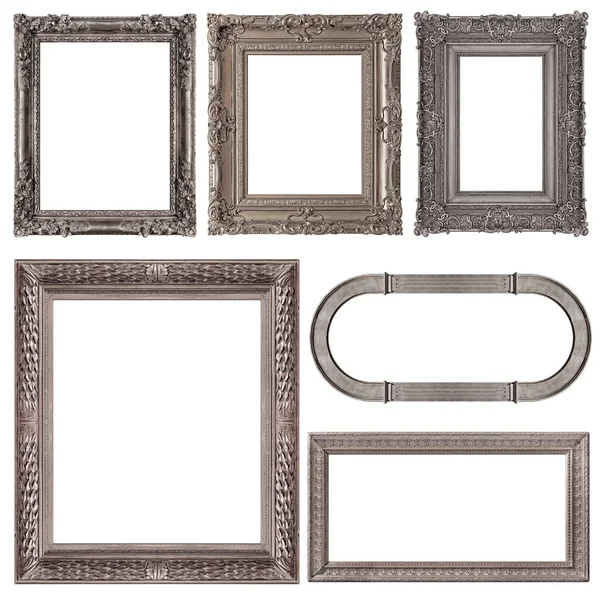 Set Silver Frames Paintings Mirrors Photo Isolated White Background — Stock Photo, Image