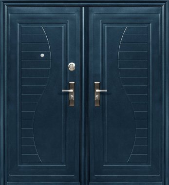 Çift girişli metal kapılar beyaz arkaplanda izole edilmiş.