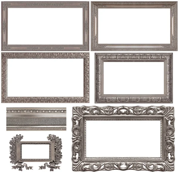 Set Silver Frames Paintings Mirrors Photo Isolated White Background — Stock Photo, Image