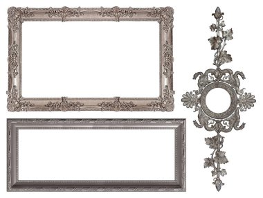 Beyaz arkaplanda izole edilmiş resimler, aynalar veya fotoğraf için gümüş çerçeveler