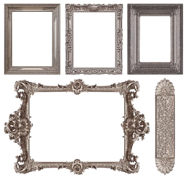 Conjunto Molduras Prata Para Pinturas Espelhos Fotos Isoladas Sobre Fundo — Fotografia de Stock