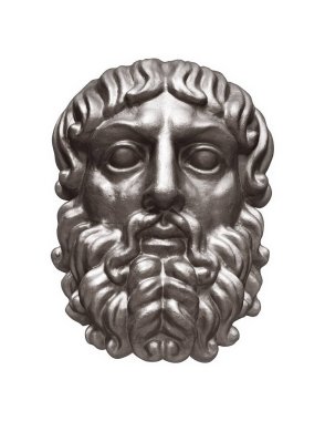 Beyaz arka planda izole edilmiş antik Tanrı 'nın dekoratif gümüş kafası. Kırpma yolu ile tasarım ögesi