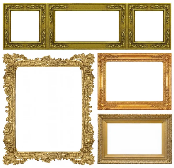 Set Cornici Dorate Quadri Specchi Foto Isolate Sfondo Bianco — Foto Stock