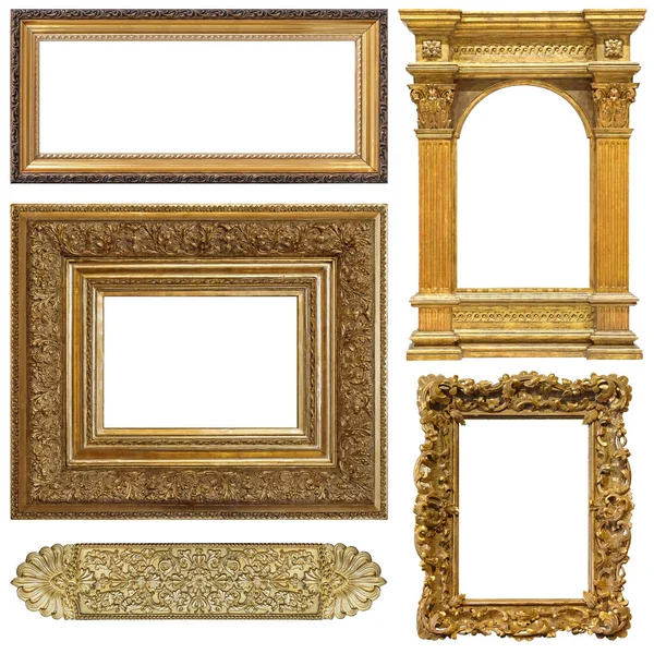 Set Golden Frames Paintings Mirrors Photo Isolated White Background — Stock Photo, Image