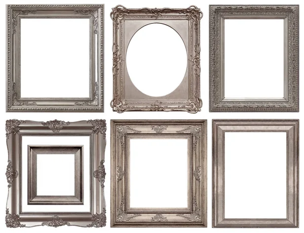 Set Silver Frames Paintings Mirrors Photo Isolated White Background — Stock Photo, Image