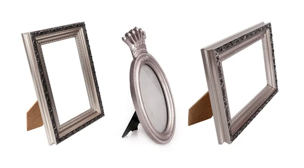 一套银框 用于在白色背景上隔离透视的绘画 镜子或照片 — 图库照片