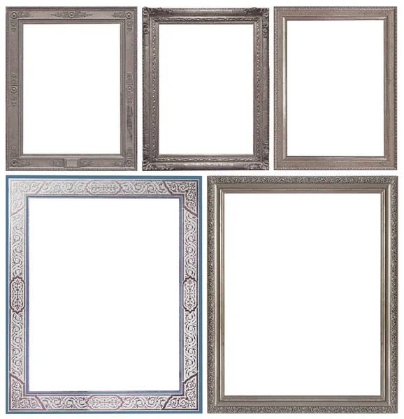 Sada Stříbrných Rámečků Pro Obrazy Zrcadla Nebo Fotografie Izolované Bílém — Stock fotografie