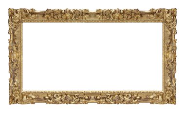 Beyaz arkaplanda izole edilmiş resimler, aynalar veya fotoğraf için panoramik altın çerçeve