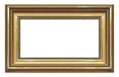 Beyaz arkaplanda izole edilmiş resimler, aynalar veya fotoğraf için panoramik altın çerçeve