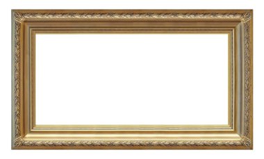 Beyaz arkaplanda izole edilmiş resimler, aynalar veya fotoğraf için panoramik altın çerçeve